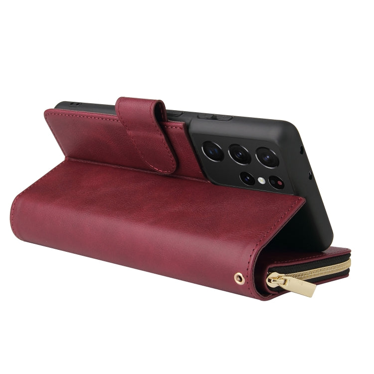 For Samsung Galaxy S21 Ultra Zipper Wallet Bag Horizontal Flip PU Leather Case with Holder & 9 Card Slots & Wallet & Lanyard & Photo Frame