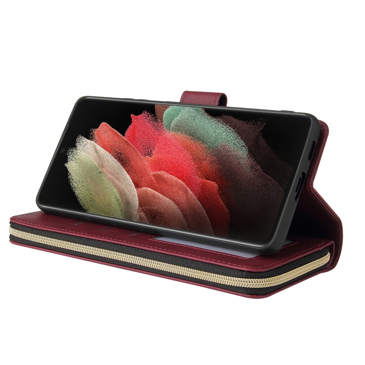 For Samsung Galaxy S21 Ultra Zipper Wallet Bag Horizontal Flip PU Leather Case with Holder & 9 Card Slots & Wallet & Lanyard & Photo Frame