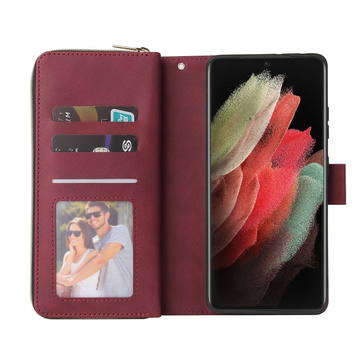 For Samsung Galaxy S21 Ultra Zipper Wallet Bag Horizontal Flip PU Leather Case with Holder & 9 Card Slots & Wallet & Lanyard & Photo Frame