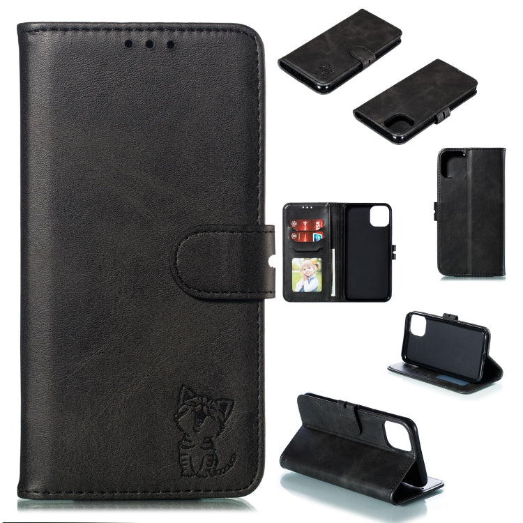 For iPhone 13 Embossed Happy Cat Pattern Horizontal Flip Leather Case with Holder & Card Slots & Wallet