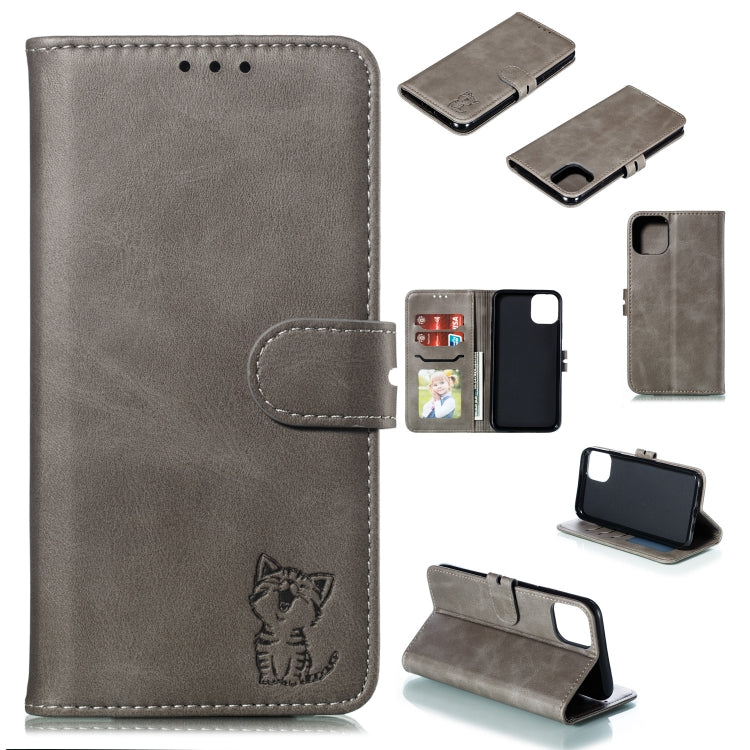 For iPhone 13 Embossed Happy Cat Pattern Horizontal Flip Leather Case with Holder & Card Slots & Wallet