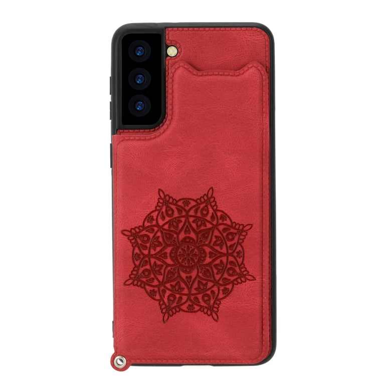For Samsung Galaxy S21 FE Mandala Embossed PU + TPU Case with Holder & Card Slots & Photo Frame & Strap