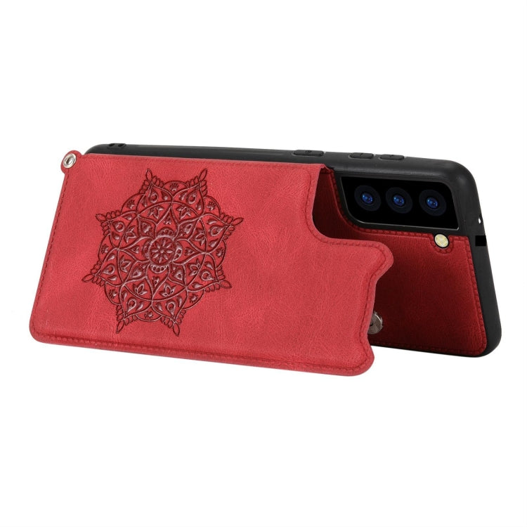 For Samsung Galaxy S21 FE Mandala Embossed PU + TPU Case with Holder & Card Slots & Photo Frame & Strap