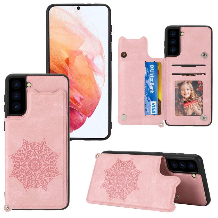 For Samsung Galaxy S21 FE Mandala Embossed PU + TPU Case with Holder & Card Slots & Photo Frame & Strap