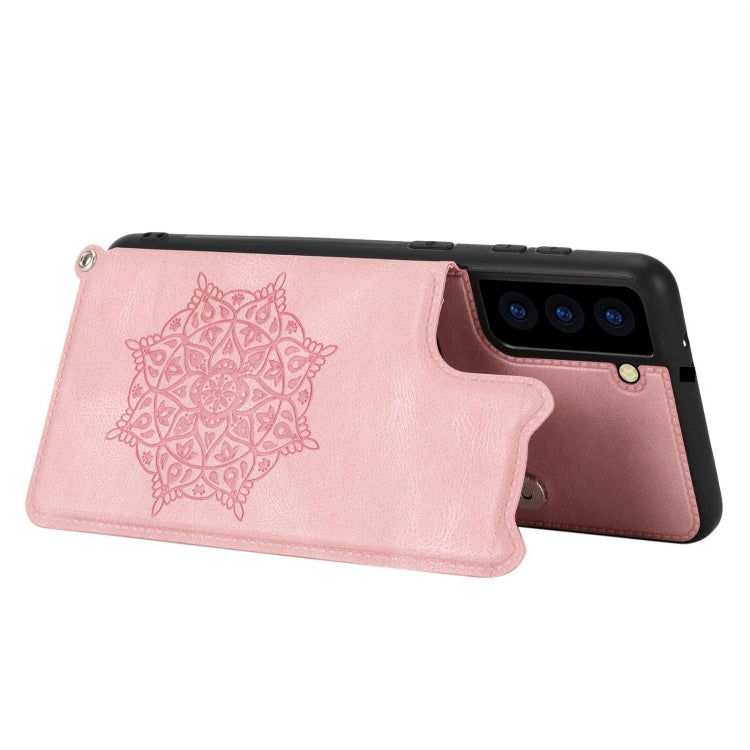 For Samsung Galaxy S21 FE Mandala Embossed PU + TPU Case with Holder & Card Slots & Photo Frame & Strap