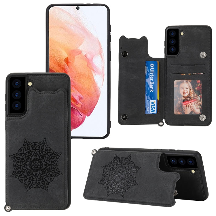 For Samsung Galaxy S21 FE Mandala Embossed PU + TPU Case with Holder & Card Slots & Photo Frame & Strap