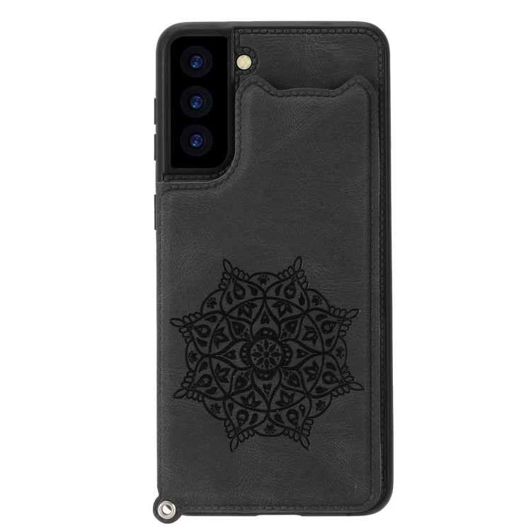 For Samsung Galaxy S21 FE Mandala Embossed PU + TPU Case with Holder & Card Slots & Photo Frame & Strap