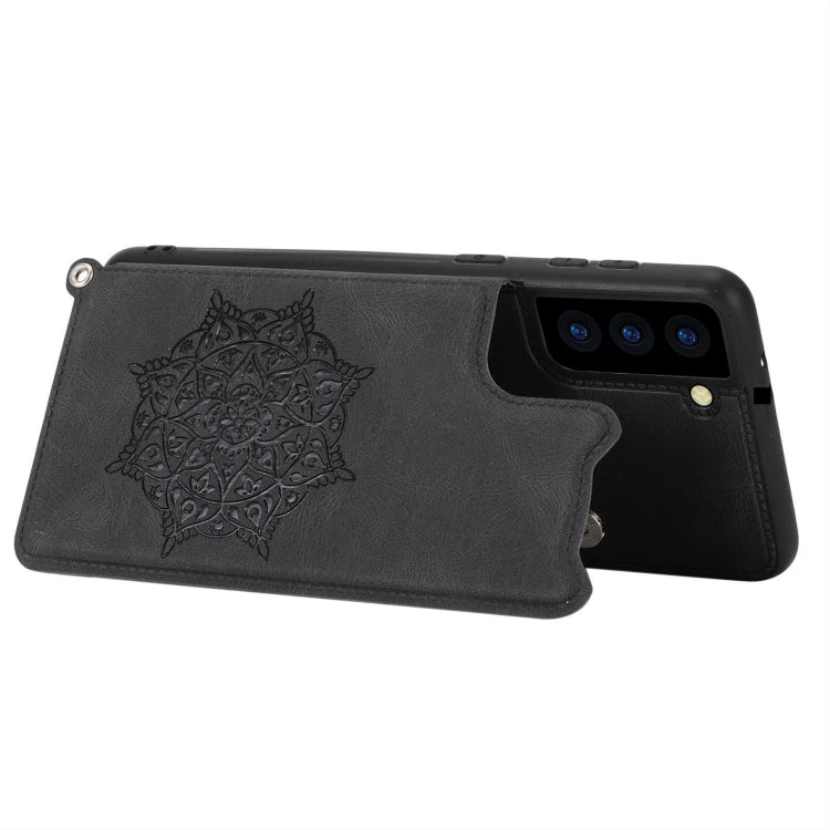 For Samsung Galaxy S21 FE Mandala Embossed PU + TPU Case with Holder & Card Slots & Photo Frame & Strap