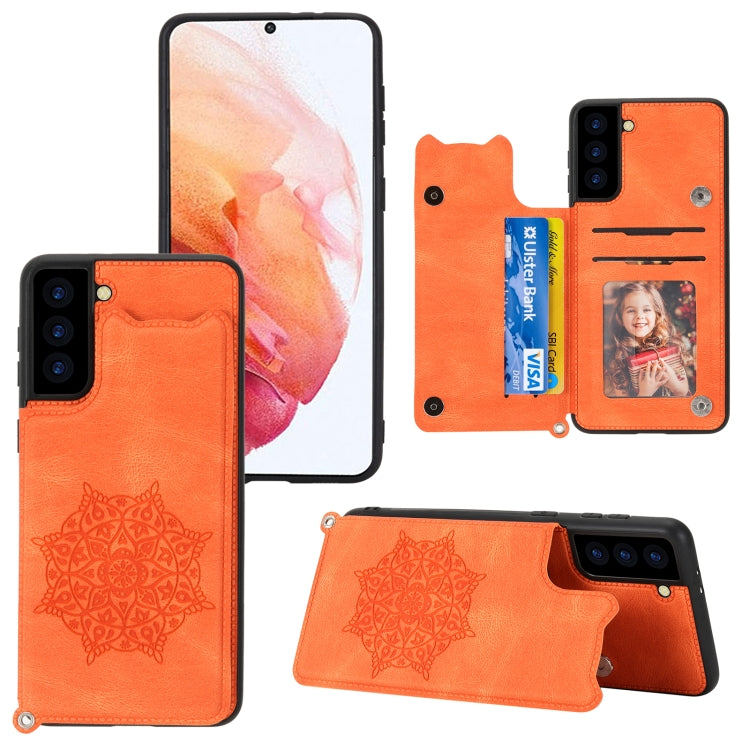 For Samsung Galaxy S21 FE Mandala Embossed PU + TPU Case with Holder & Card Slots & Photo Frame & Strap