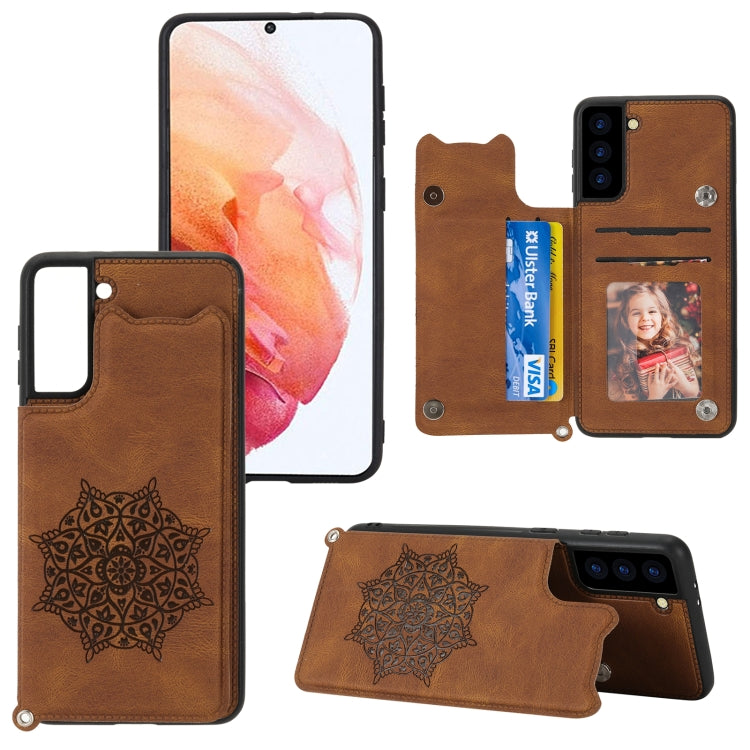 For Samsung Galaxy S21 FE Mandala Embossed PU + TPU Case with Holder & Card Slots & Photo Frame & Strap