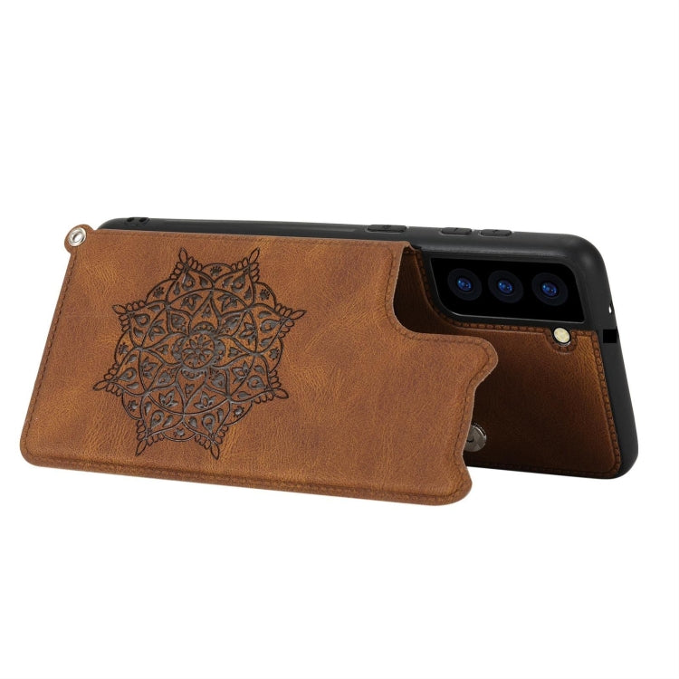 For Samsung Galaxy S21 FE Mandala Embossed PU + TPU Case with Holder & Card Slots & Photo Frame & Strap
