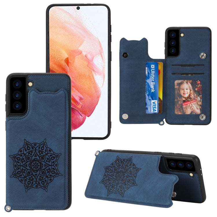 For Samsung Galaxy S21 FE Mandala Embossed PU + TPU Case with Holder & Card Slots & Photo Frame & Strap