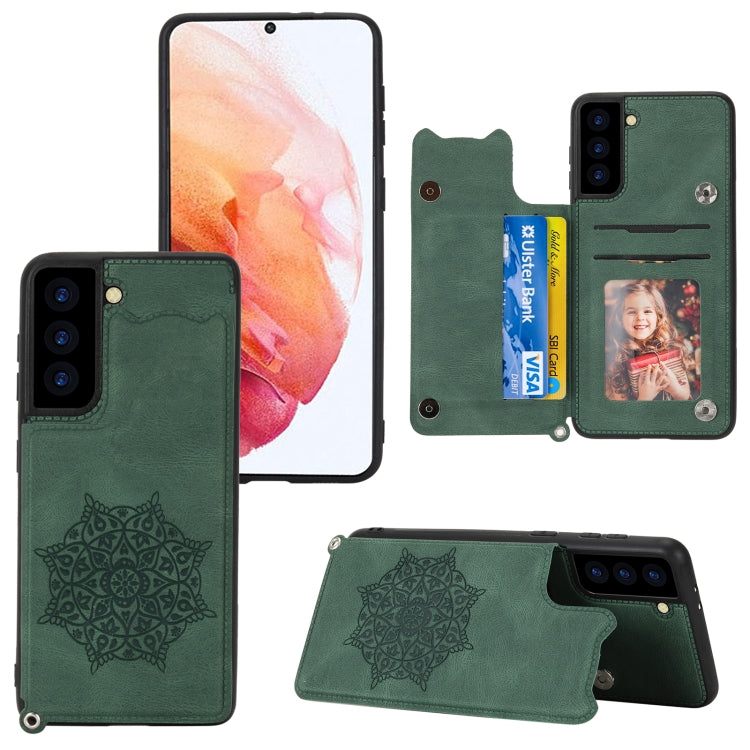 For Samsung Galaxy S21 FE Mandala Embossed PU + TPU Case with Holder & Card Slots & Photo Frame & Strap