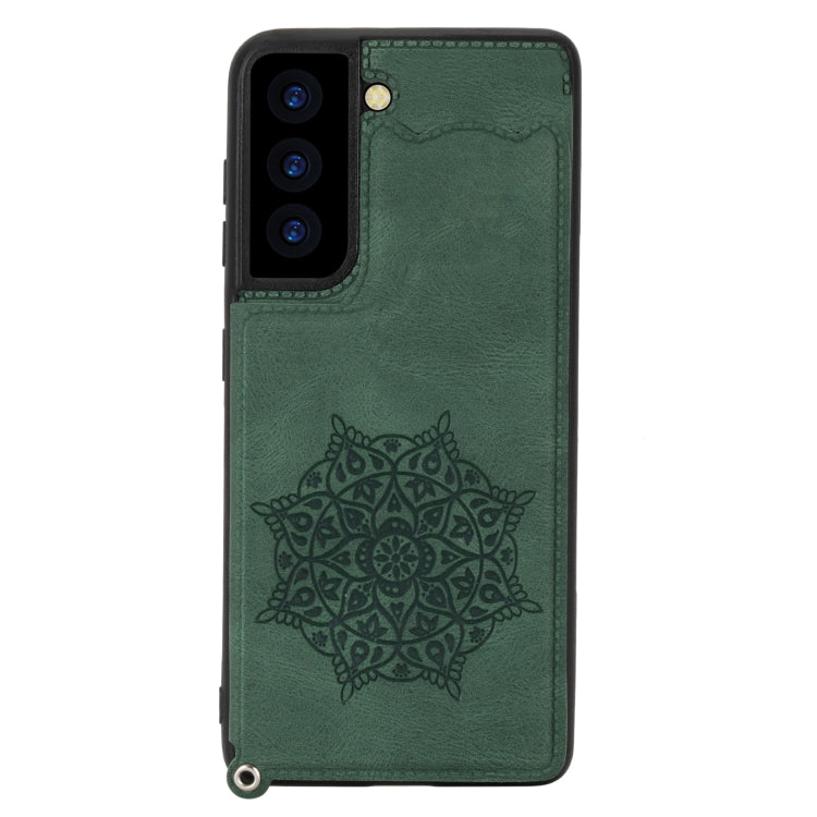 For Samsung Galaxy S21 FE Mandala Embossed PU + TPU Case with Holder & Card Slots & Photo Frame & Strap