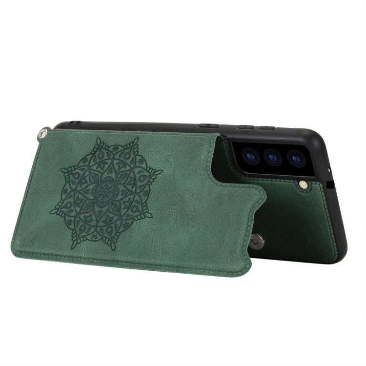For Samsung Galaxy S21 FE Mandala Embossed PU + TPU Case with Holder & Card Slots & Photo Frame & Strap