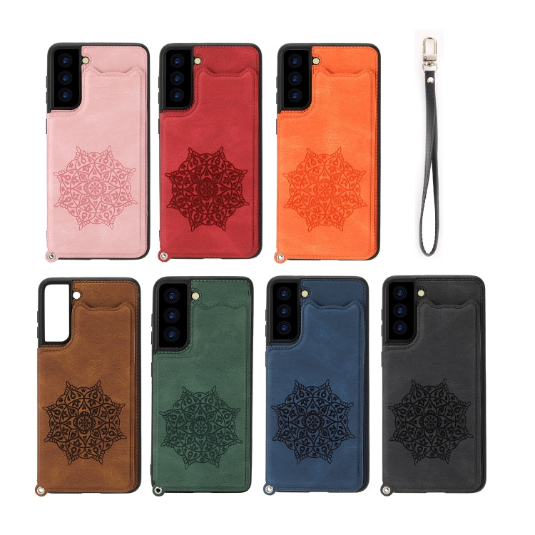 For Samsung Galaxy S21 FE Mandala Embossed PU + TPU Case with Holder & Card Slots & Photo Frame & Strap