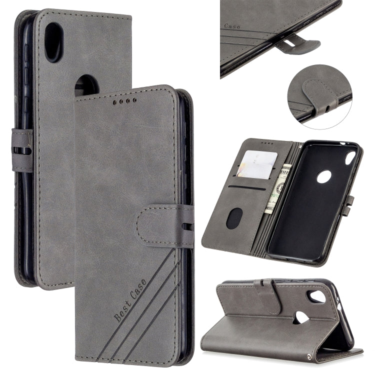For Motorola Moto E6 Stitching Style 2-Color Cow Texture Horizontal Flip PU Leather Case with Holder & Card Slot & Lanyard