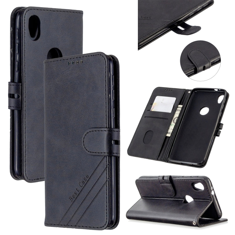 For Motorola Moto E6 Stitching Style 2-Color Cow Texture Horizontal Flip PU Leather Case with Holder & Card Slot & Lanyard