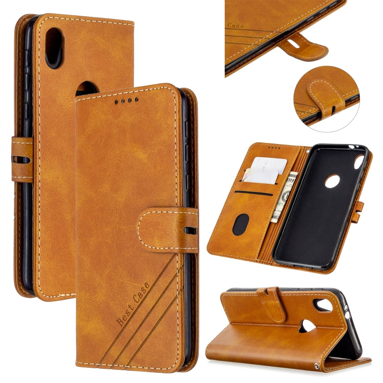 For Motorola Moto E6 Stitching Style 2-Color Cow Texture Horizontal Flip PU Leather Case with Holder & Card Slot & Lanyard
