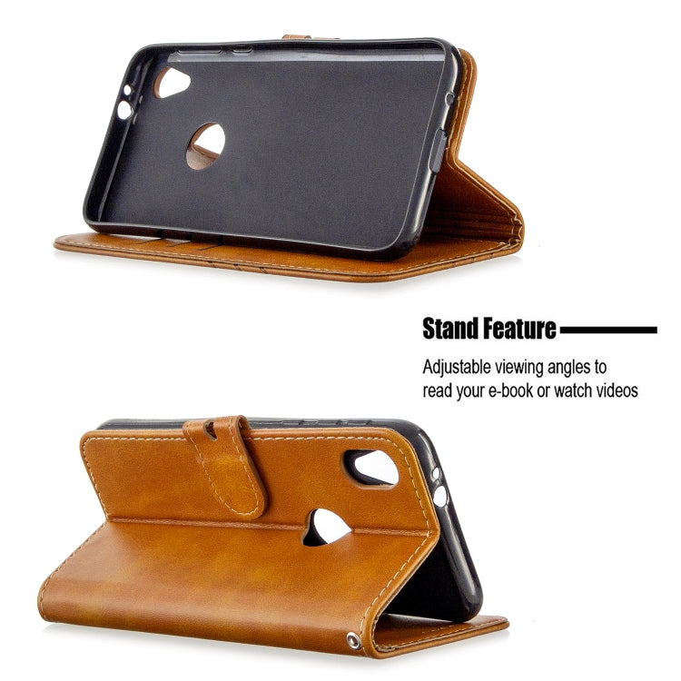 For Motorola Moto E6 Stitching Style 2-Color Cow Texture Horizontal Flip PU Leather Case with Holder & Card Slot & Lanyard