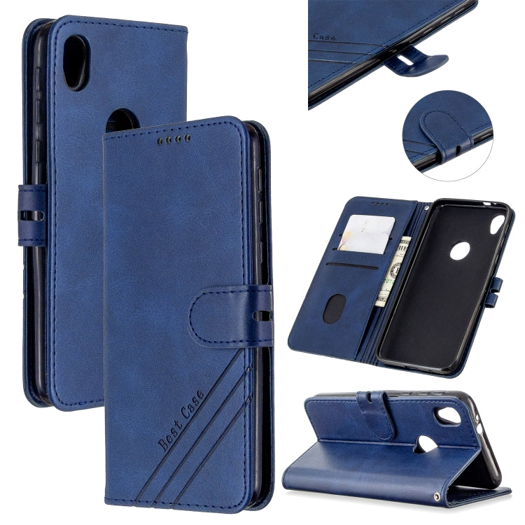 For Motorola Moto E6 Stitching Style 2-Color Cow Texture Horizontal Flip PU Leather Case with Holder & Card Slot & Lanyard