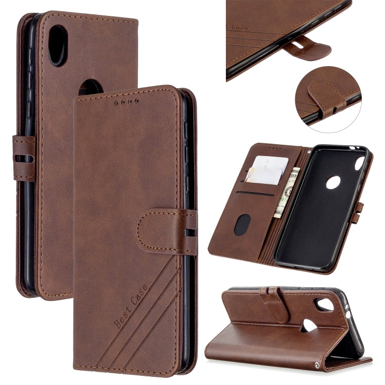 For Motorola Moto E6 Stitching Style 2-Color Cow Texture Horizontal Flip PU Leather Case with Holder & Card Slot & Lanyard