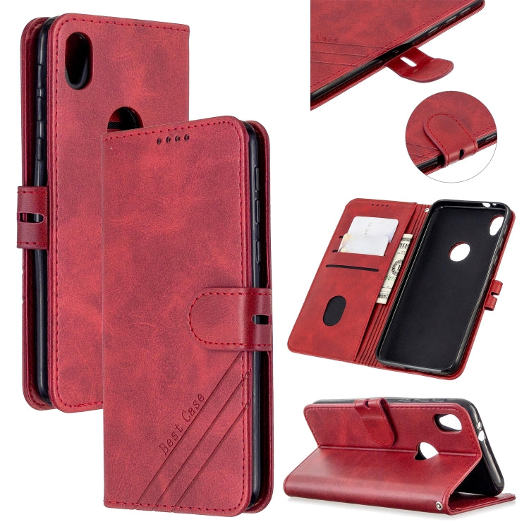 For Motorola Moto E6 Stitching Style 2-Color Cow Texture Horizontal Flip PU Leather Case with Holder & Card Slot & Lanyard
