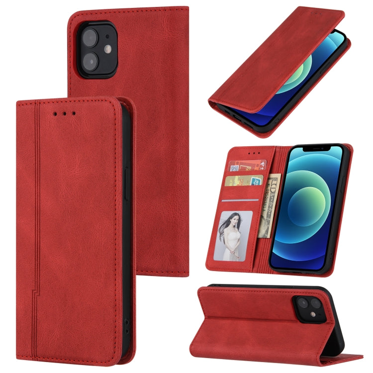 For iPhone 12 / 12 Pro Skin Feel Pressure Line Magnetic Horizontal Flip Leather Case with Holder & Card Slot & Wallet & Photo Frame