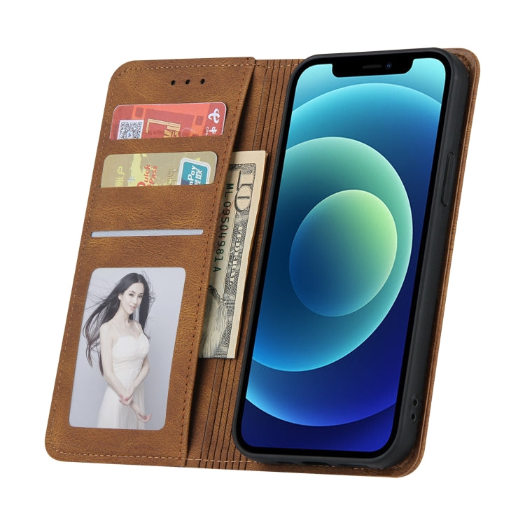 For iPhone 12 / 12 Pro Skin Feel Pressure Line Magnetic Horizontal Flip Leather Case with Holder & Card Slot & Wallet & Photo Frame
