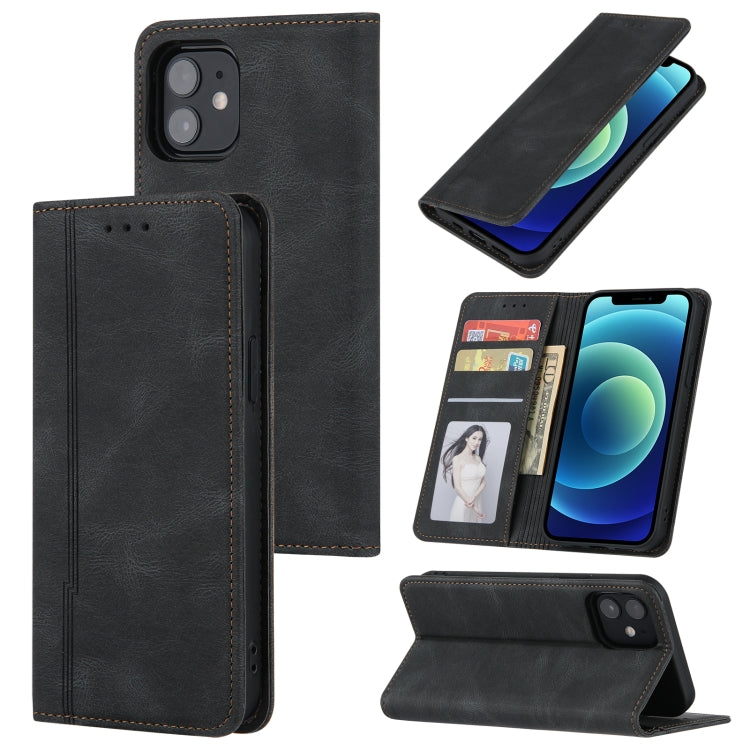For iPhone 12 / 12 Pro Skin Feel Pressure Line Magnetic Horizontal Flip Leather Case with Holder & Card Slot & Wallet & Photo Frame