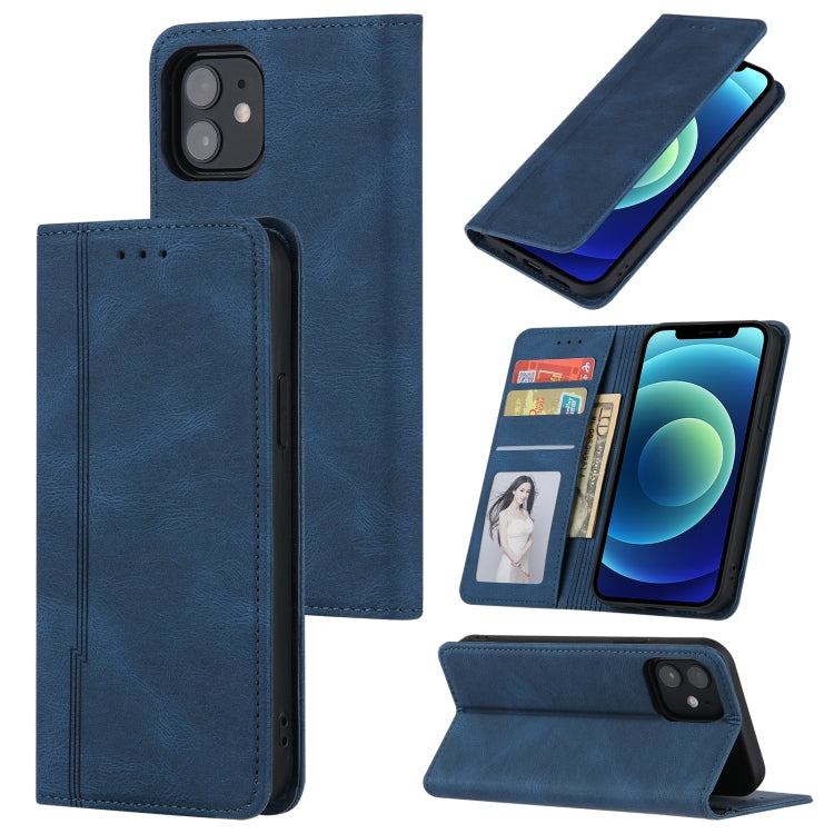 For iPhone 12 mini Skin Feel Pressure Line Magnetic Horizontal Flip Leather Case with Holder & Card Slot & Wallet & Photo Frame