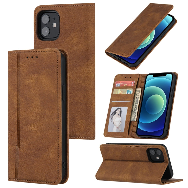 For iPhone 12 mini Skin Feel Pressure Line Magnetic Horizontal Flip Leather Case with Holder & Card Slot & Wallet & Photo Frame