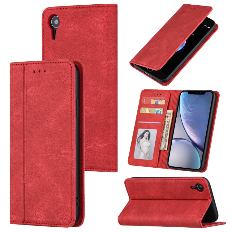 For iPhone XR Skin Feel Pressure Line Magnetic Horizontal Flip Leather Case with Holder & Card Slot & Wallet & Photo Frame