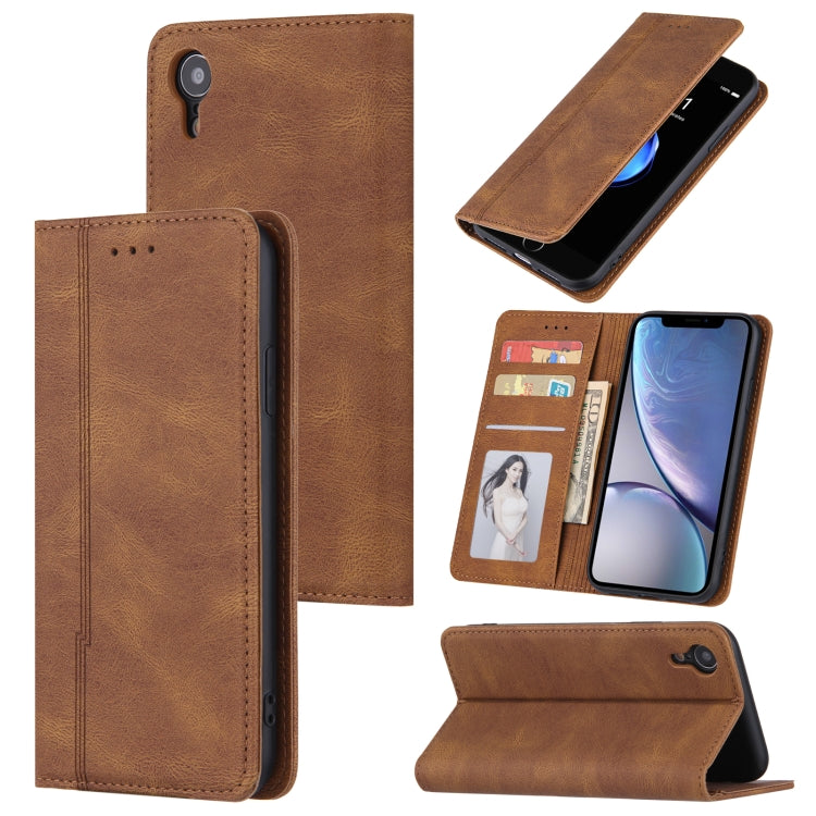 For iPhone XR Skin Feel Pressure Line Magnetic Horizontal Flip Leather Case with Holder & Card Slot & Wallet & Photo Frame