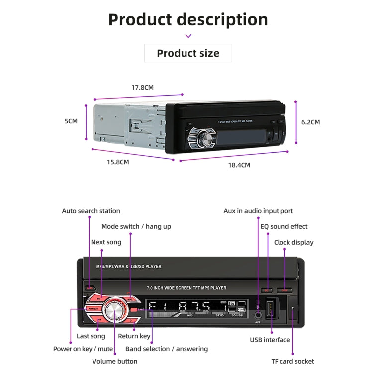 9601C HD 7 inch Manually Retractable Screen Car MP5 Player GPS Navigation Bluetooth Radio, Support Mirror Link & FM & TF Card & USB