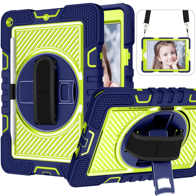 For iPad 10.2 2021 / 2020 / 2019 360 Degree Rotation Contrast Color Shockproof Silicone + PC Case with Holder & Hand Grip Strap & Shoulder Strap