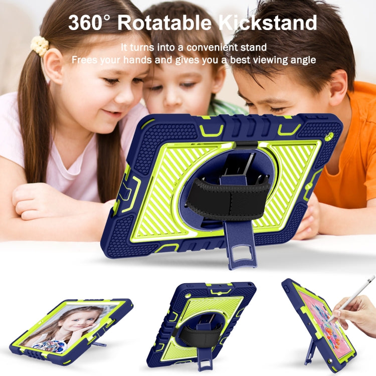For iPad 10.2 2021 / 2020 / 2019 360 Degree Rotation Contrast Color Shockproof Silicone + PC Case with Holder & Hand Grip Strap & Shoulder Strap
