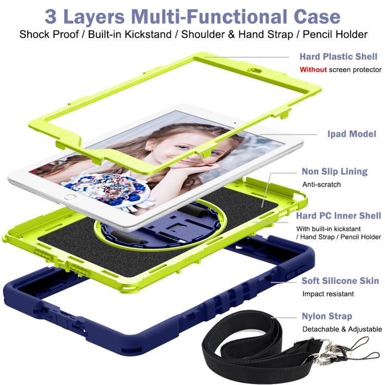 For iPad 10.2 2021 / 2020 / 2019 360 Degree Rotation Contrast Color Shockproof Silicone + PC Case with Holder & Hand Grip Strap & Shoulder Strap