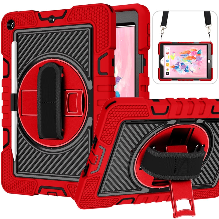 For iPad 10.2 2021 / 2020 / 2019 360 Degree Rotation Contrast Color Shockproof Silicone + PC Case with Holder & Hand Grip Strap & Shoulder Strap