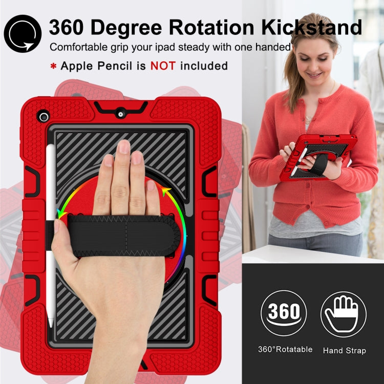 For iPad 10.2 2021 / 2020 / 2019 360 Degree Rotation Contrast Color Shockproof Silicone + PC Case with Holder & Hand Grip Strap & Shoulder Strap