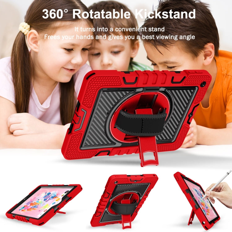 For iPad 10.2 2021 / 2020 / 2019 360 Degree Rotation Contrast Color Shockproof Silicone + PC Case with Holder & Hand Grip Strap & Shoulder Strap