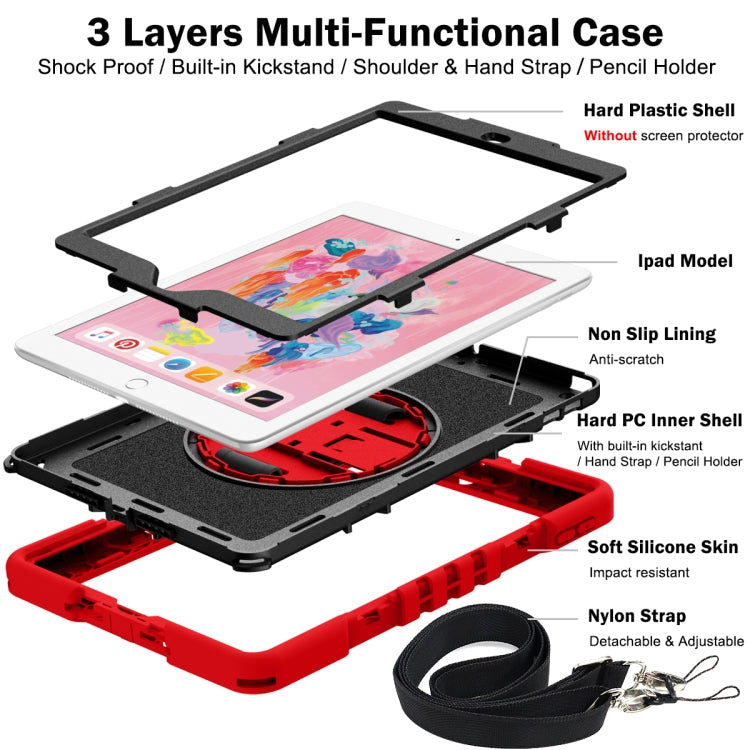 For iPad 10.2 2021 / 2020 / 2019 360 Degree Rotation Contrast Color Shockproof Silicone + PC Case with Holder & Hand Grip Strap & Shoulder Strap