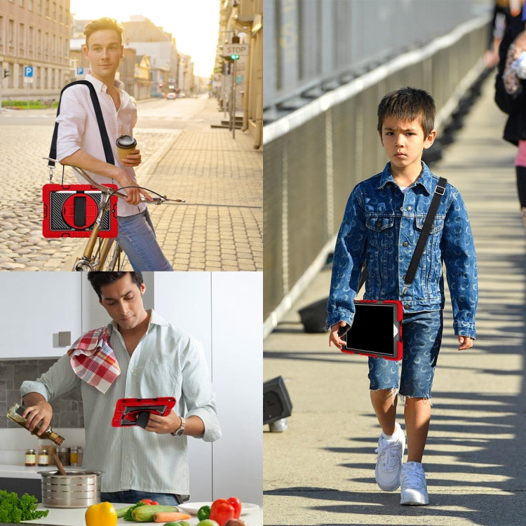 For iPad 10.2 2021 / 2020 / 2019 360 Degree Rotation Contrast Color Shockproof Silicone + PC Case with Holder & Hand Grip Strap & Shoulder Strap