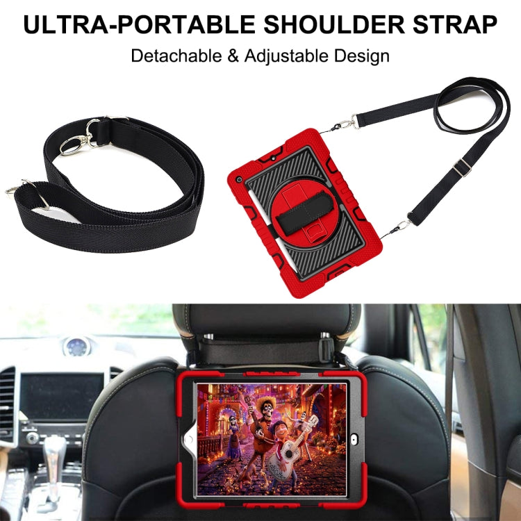 For iPad 10.2 2021 / 2020 / 2019 360 Degree Rotation Contrast Color Shockproof Silicone + PC Case with Holder & Hand Grip Strap & Shoulder Strap