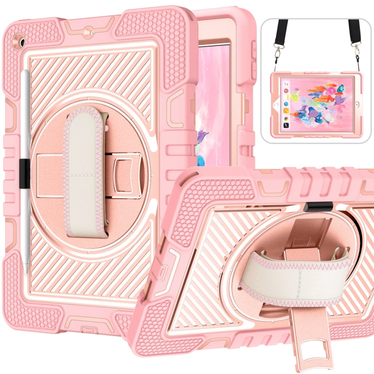For iPad 10.2 2021 / 2020 / 2019 360 Degree Rotation Contrast Color Shockproof Silicone + PC Case with Holder & Hand Grip Strap & Shoulder Strap