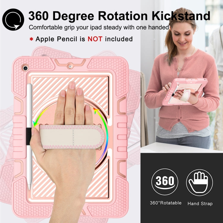 For iPad 10.2 2021 / 2020 / 2019 360 Degree Rotation Contrast Color Shockproof Silicone + PC Case with Holder & Hand Grip Strap & Shoulder Strap