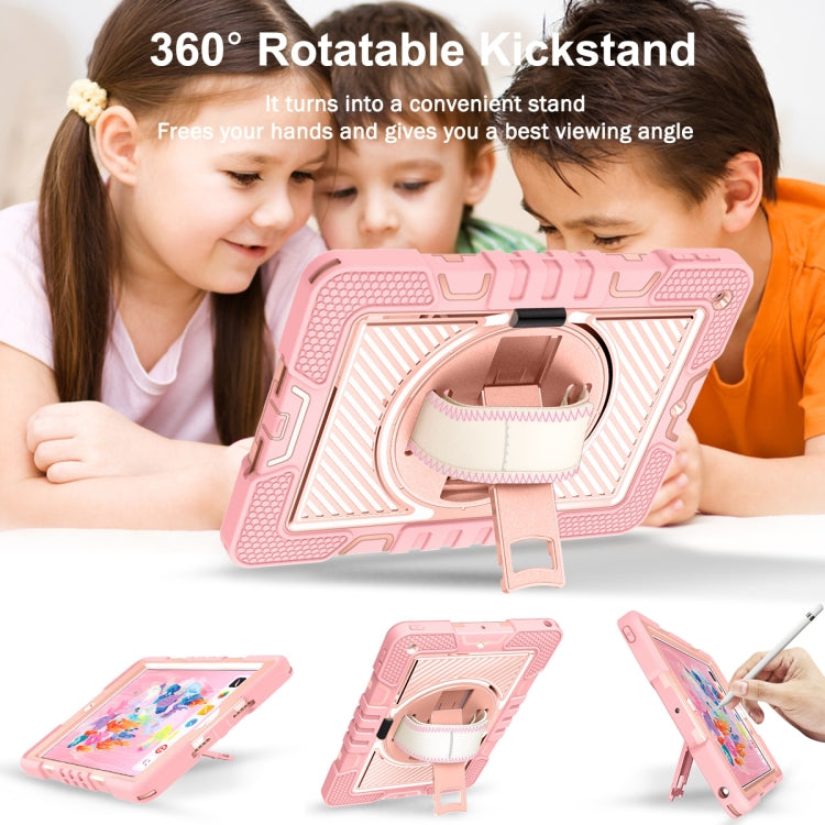 For iPad 10.2 2021 / 2020 / 2019 360 Degree Rotation Contrast Color Shockproof Silicone + PC Case with Holder & Hand Grip Strap & Shoulder Strap