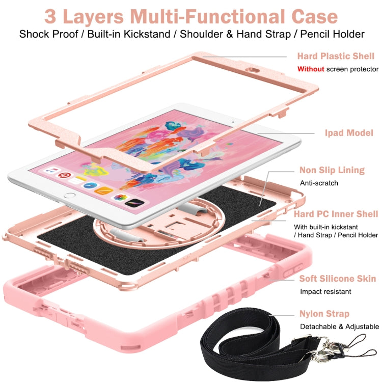 For iPad 10.2 2021 / 2020 / 2019 360 Degree Rotation Contrast Color Shockproof Silicone + PC Case with Holder & Hand Grip Strap & Shoulder Strap