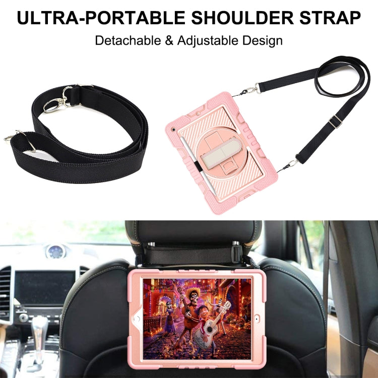 For iPad 10.2 2021 / 2020 / 2019 360 Degree Rotation Contrast Color Shockproof Silicone + PC Case with Holder & Hand Grip Strap & Shoulder Strap