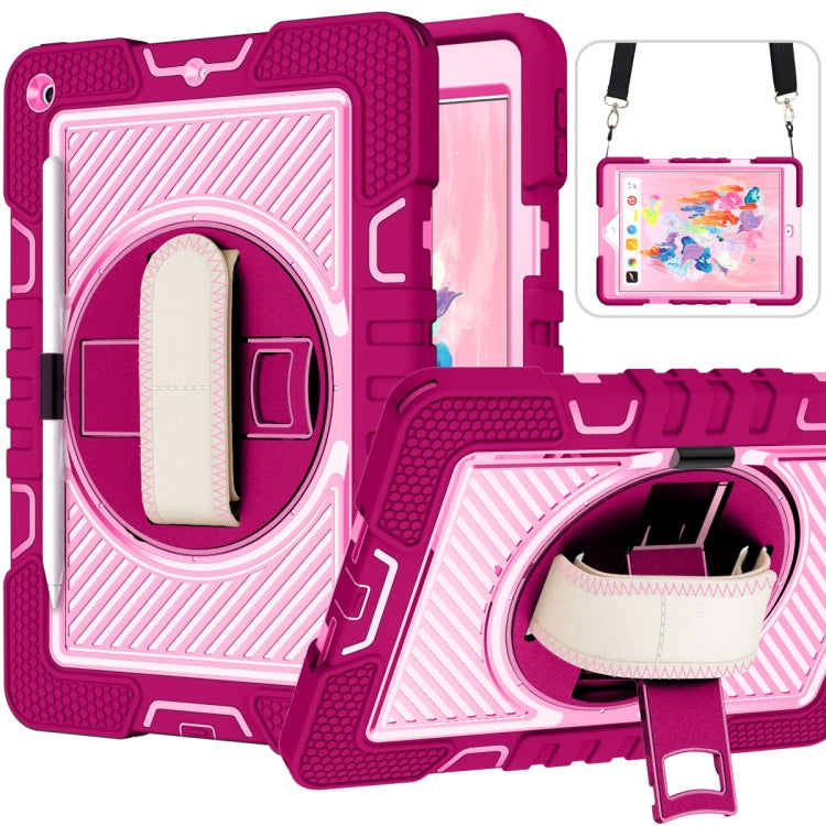 For iPad 10.2 2021 / 2020 / 2019 360 Degree Rotation Contrast Color Shockproof Silicone + PC Case with Holder & Hand Grip Strap & Shoulder Strap